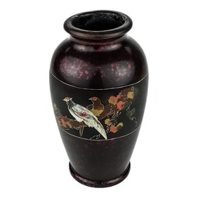 Vintage Artisan Lacquered Metal Hand Painted Vase Japan