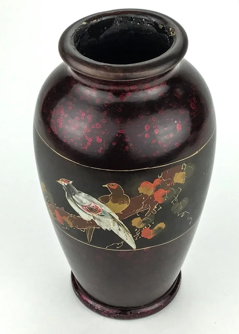 Vintage Artisan Lacquered Metal Hand Painted Vase Japan - 8