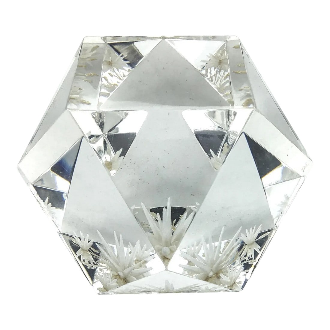 Lucite Inside Carved Table Paperweight Artist Signed: Unique piece which is difficult to resist. Sits nicely with all faces showing off the wonderful sea urchin pattern. Inside of the lucite cube we find carvings and outside there is a signature. Circa 1