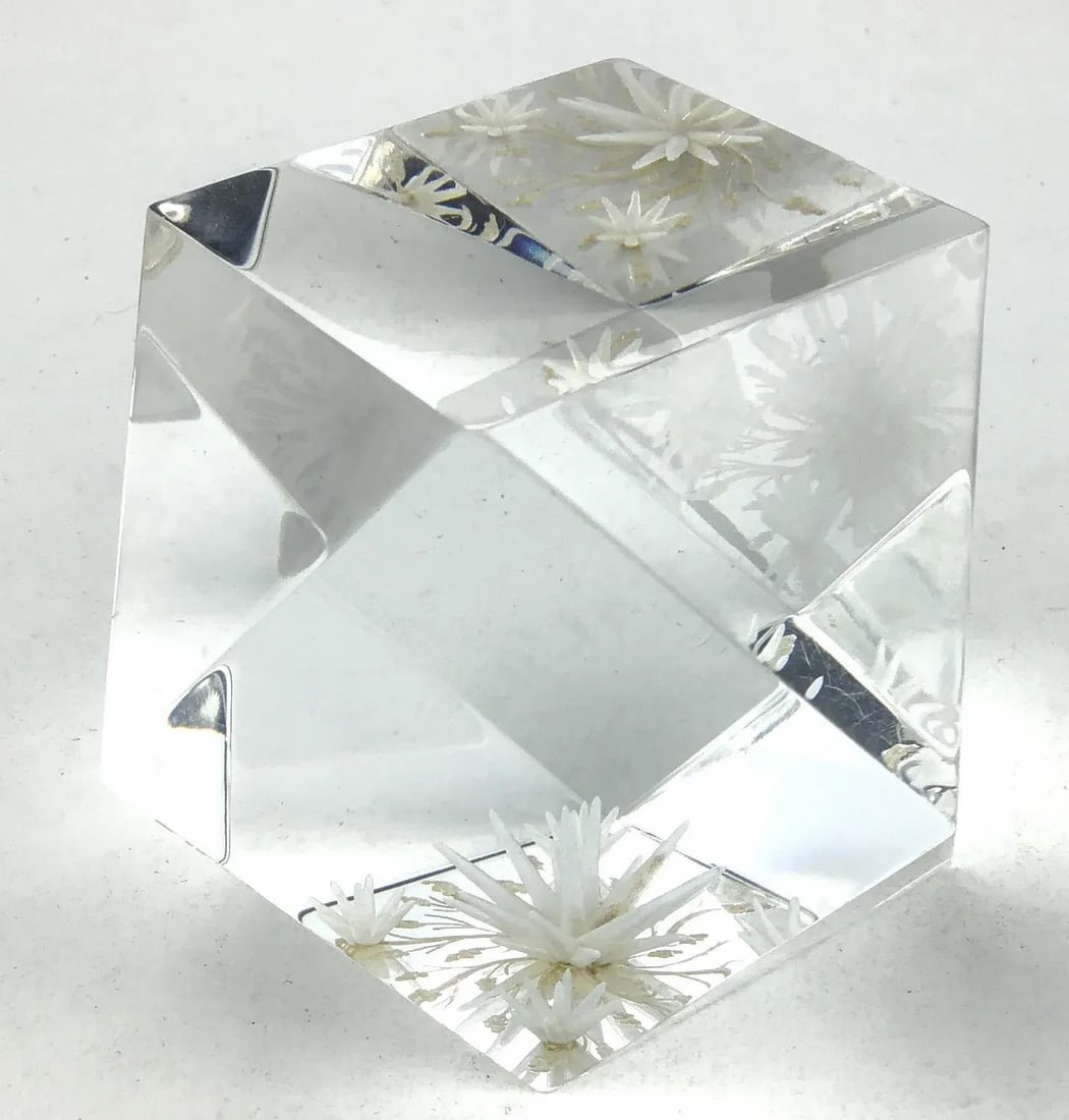 Lucite Inside Carved Table Paperweight Artist Signed - 2