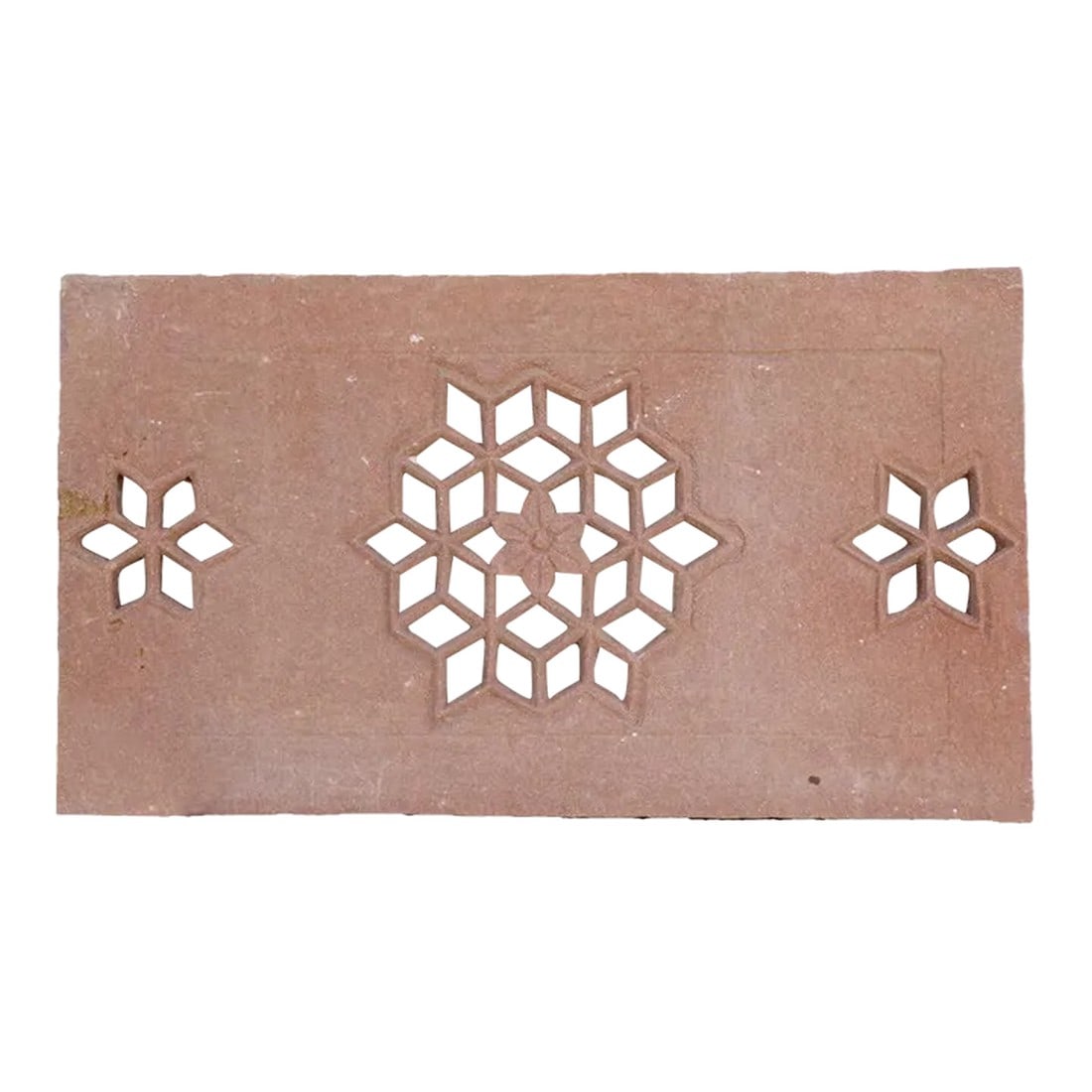 Lotus Medalion Sandstone Window Panel: A stunning stone Jali, of Moorish inspired design with intricate geometric floral motif carvings. A true example of artistic heritage of India. This piece was originally used as a window panel in a