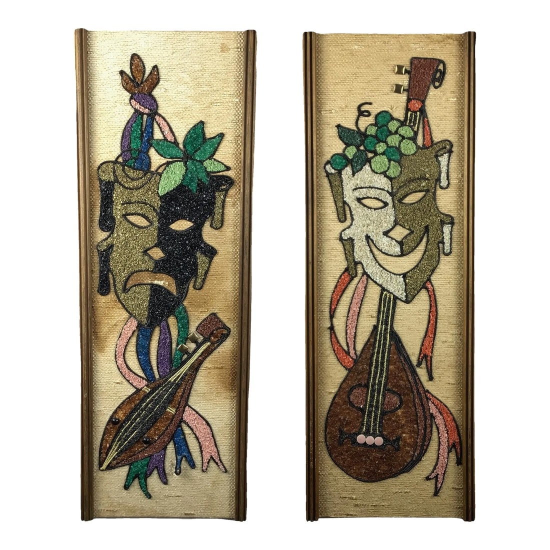Mid Century Stone-Art Comedy Tragedy Drama Mask Theater Happy Sad Face: Colorful reminders of the 1950's. This pair of burlap and wood framed stone wall art was hanging in my aunt and uncles house since I can remember. They knew I always loved them so they gifted them to