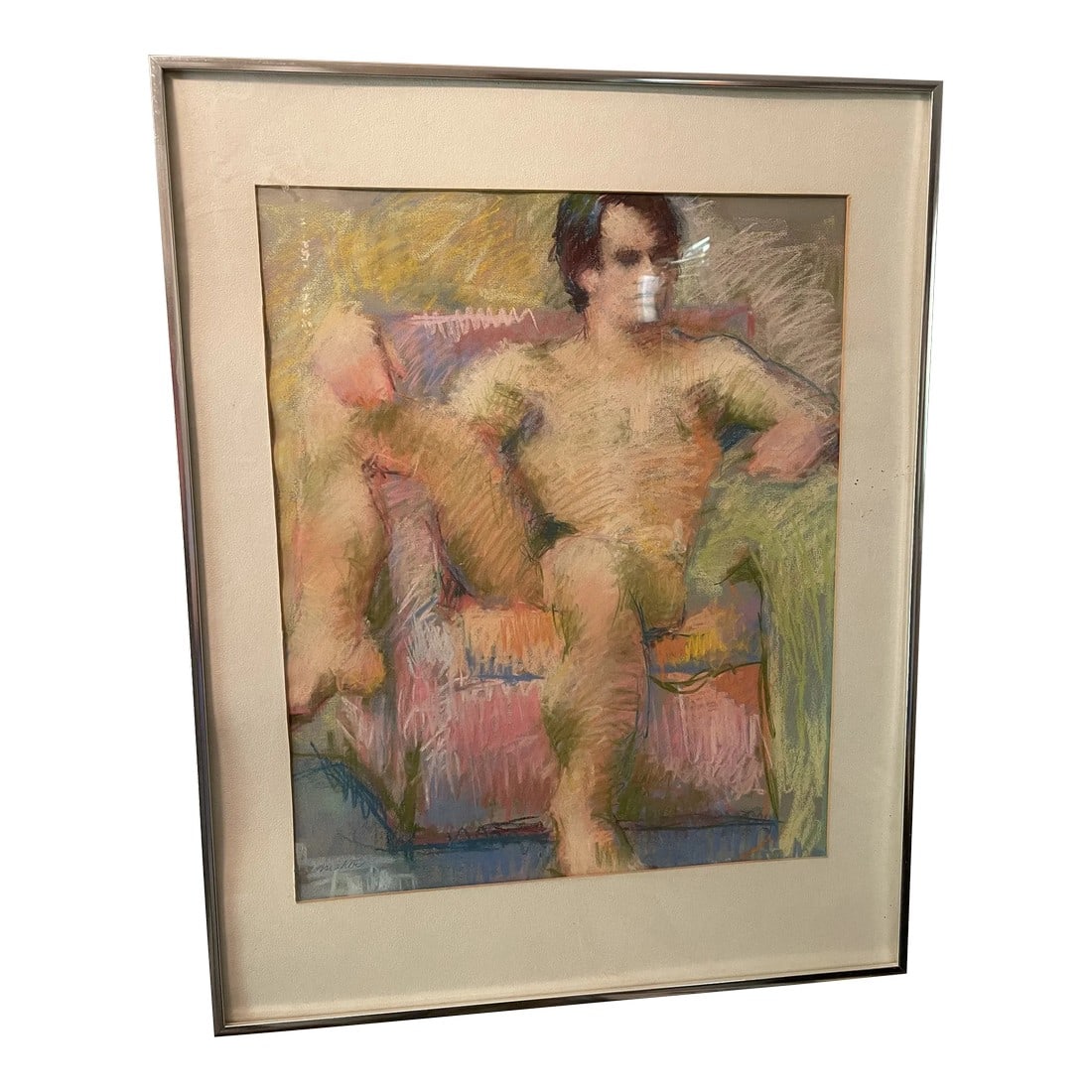 1970s Chalk Pastel Portrait Drawing of a Reclining Nude Man: A very nice large chalk portrait behind glass of a nude man recline in a chair by Maher Condition: Alterations: Original Condition Unaltered Imperfections: Some Imperfections Condition Notes: No