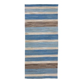Modern Striped Flat-Weave Handmade Blue and Brown Wool Runner