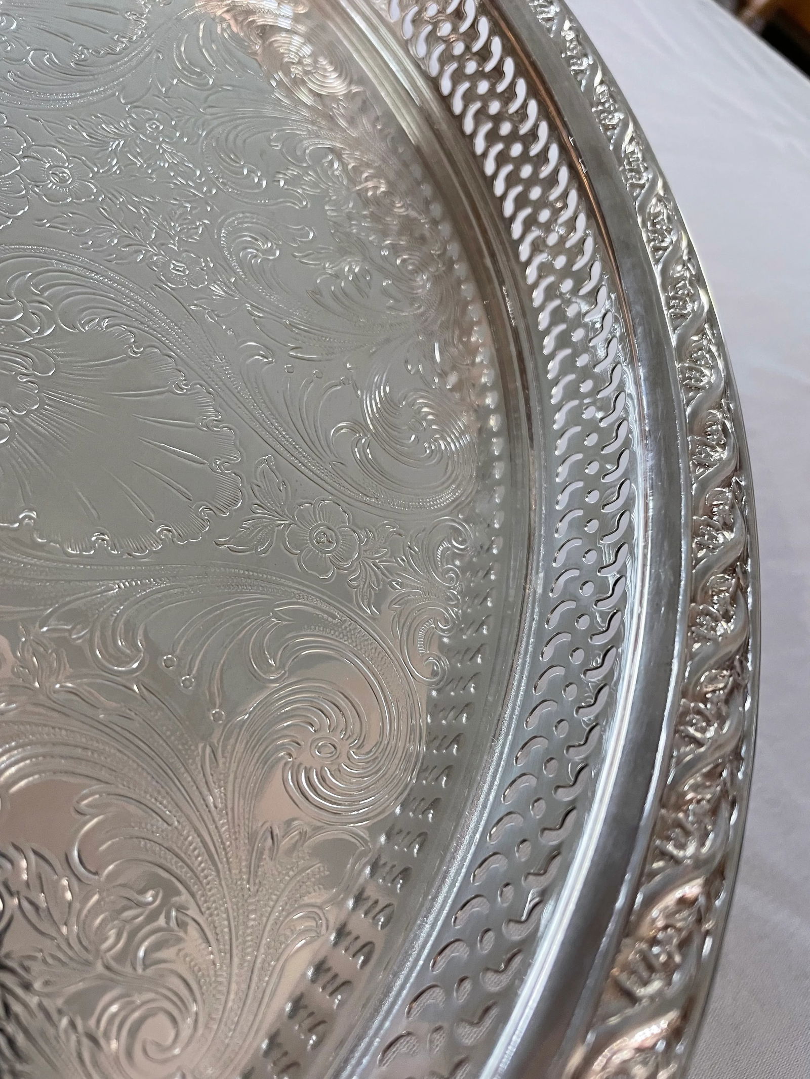 1960's "Spring Flowers" Wm. Rogers & Son Silver Plate Gallery Tray Lazy Susan - 3