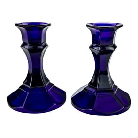 Cobalt Blue Glass Table Top Candle Holders - a Pair