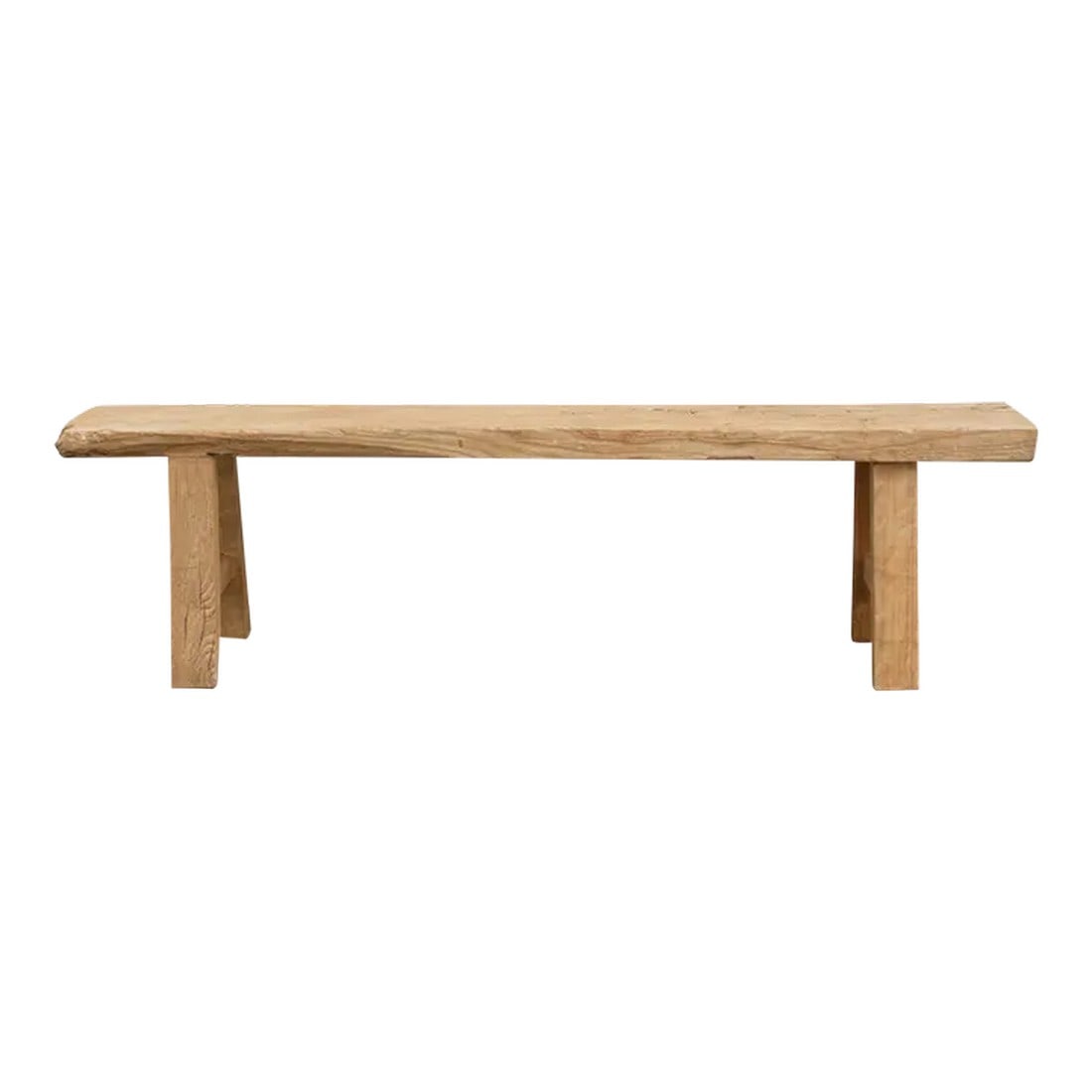 Rustic Bleached Wood Farmhouse Bench: A robust reclaimed rustic wood bench or coffee table made from a 19th century architectural beam. This primitive bench table features a 2" thick top with lots of character and signs of age. This natur