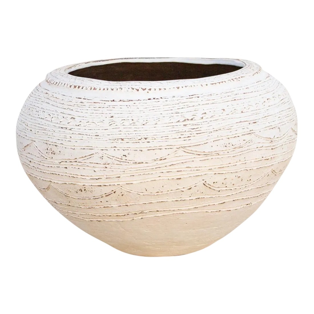 Antique African Terracotta White Nupe Pot: An original Nupe clay pot from Nigeria. This beautiful tribal African Terracotta pot of spherical shape has a custom whitewash painted finish. This Nupe pot was originally used to store water. It has