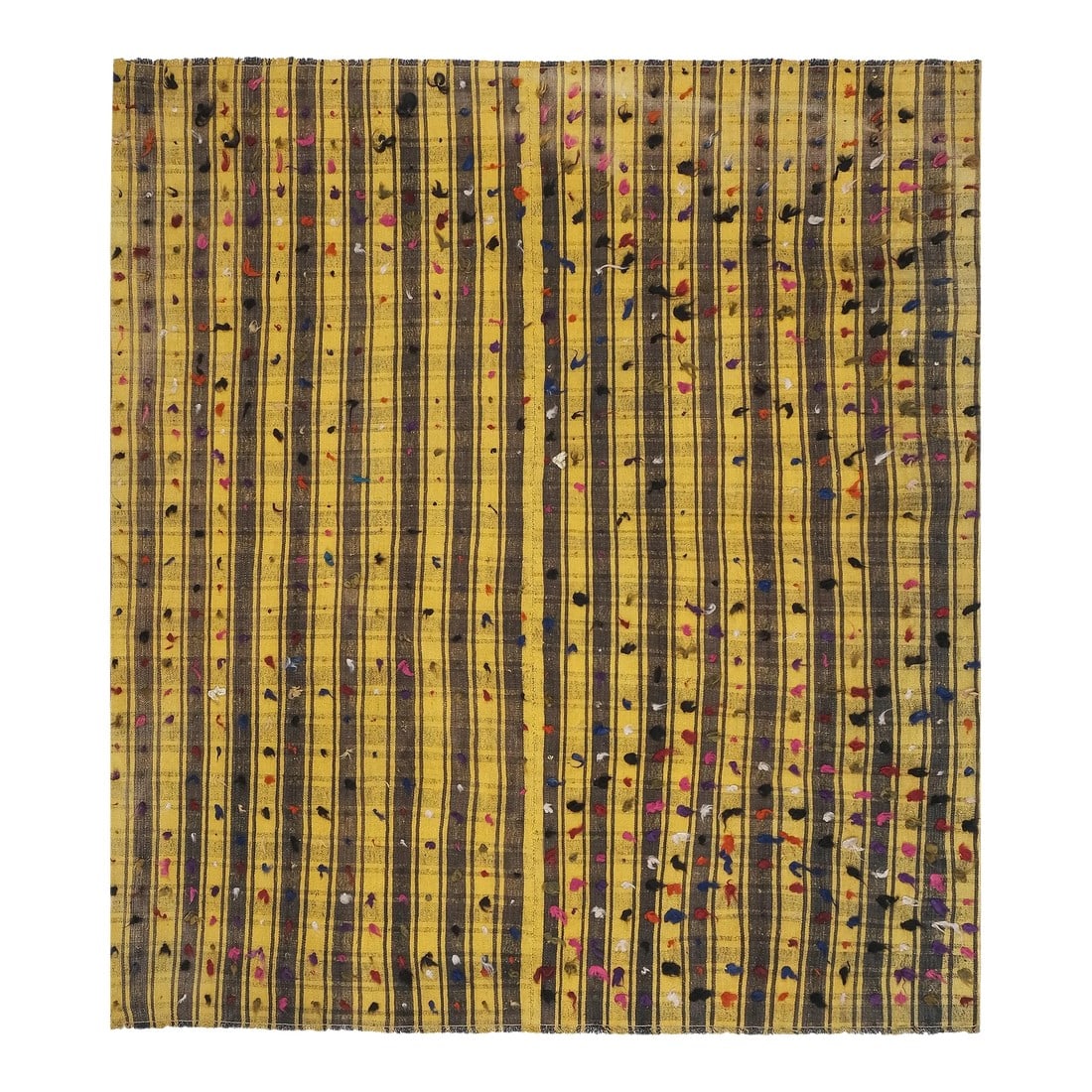 Striped Yellow Turkish Kilim With Tulu Details 6'8'' X 7'5'': Striped Yellow Turkish Kilim with Tulu Details 6'8'' X 7'5'' 80.3'' x 88.6'' / 204 x 225 cm Hand woven with high quality pure wool Excellent condition From TURKEY Works well with all styles of home