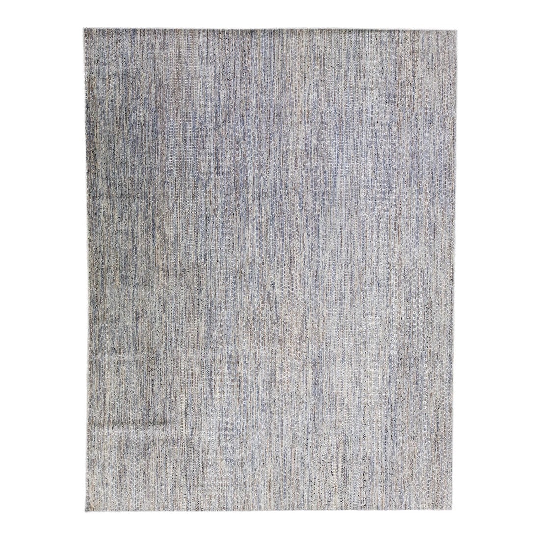 Modern Savannah Gray Handmade Room Size Wool Rug With Geometric Pattern: Beautiful contemporary Savannah hand-knotted wool rug with a finely detailed gray color field in an all-over green, brown, and blue geometric pattern design. This rug measures: 9'10" x 12'11". 