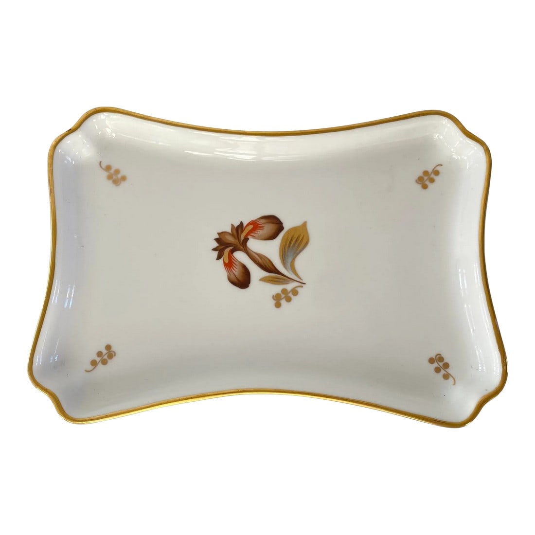 Royal Copenhagen Brown Iris Gilded Porcelain Tray: Beautiful example of early to mid 20th Royal Copenhagen porcelain. This lovely piece is in excellent vintage condition and sports a brown iris in the center and a scalloped gilded edge. Measures