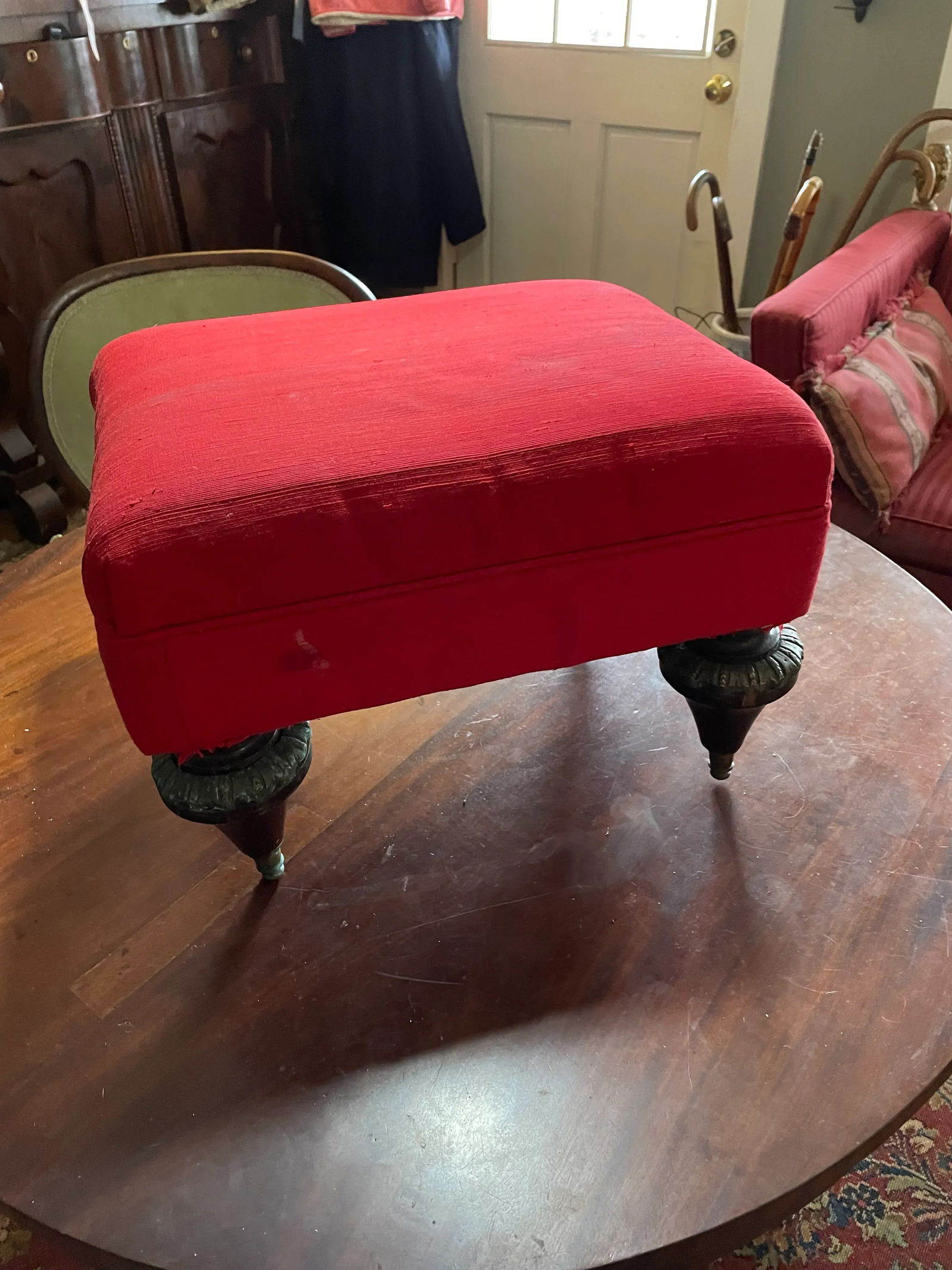 Red Silk Upholstered Georgian Footstool Early 19th - 3