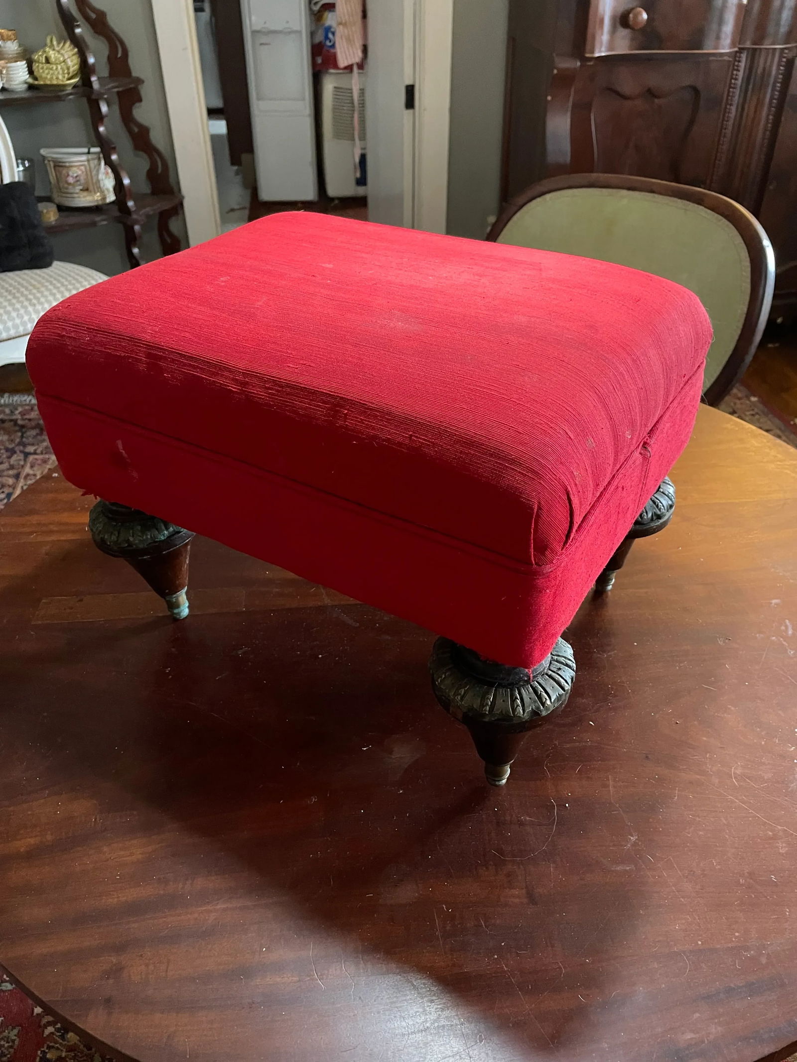 Red Silk Upholstered Georgian Footstool Early 19th - 7