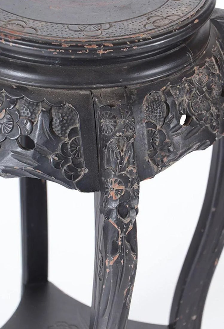 Black Carved Chinese Plant Stand Pedestal With Decorated Top. 19th Century - 5