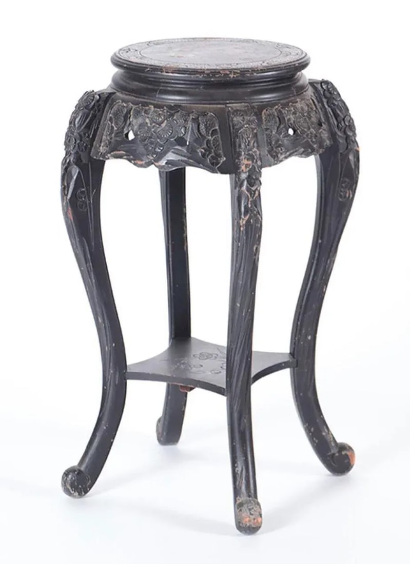 Black Carved Chinese Plant Stand Pedestal With Decorated Top. 19th Century - 6
