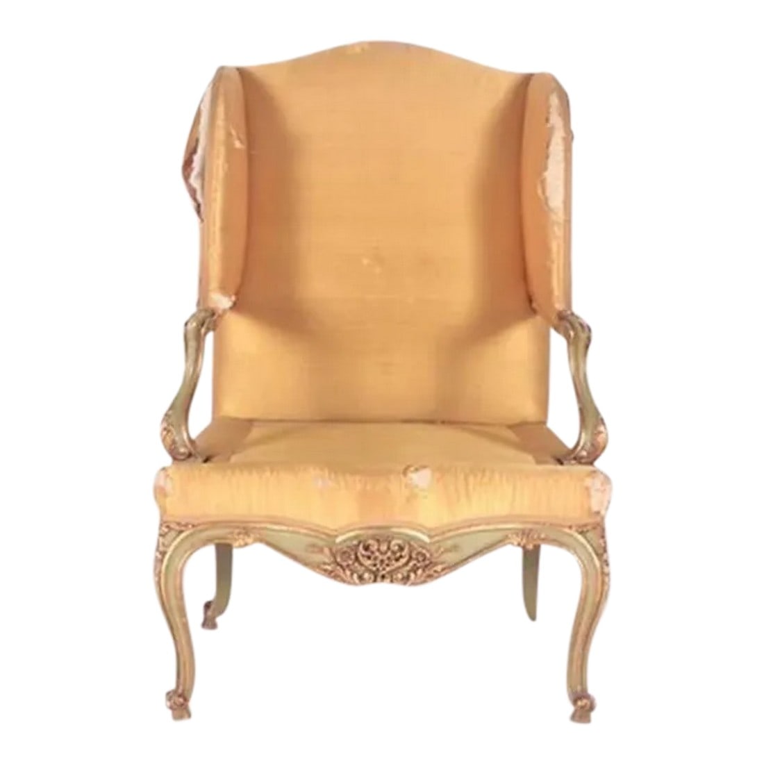 Painted Gilt and Green Polychrome Louis XV Style Wing Back Bergere 19th Century: A very impressive painted and gilt Louis XV style green polychrome wing back Bergere french chair. 19th century. Upholstery could use some love. Rear right foot is missing Condition: Alterations: Orig