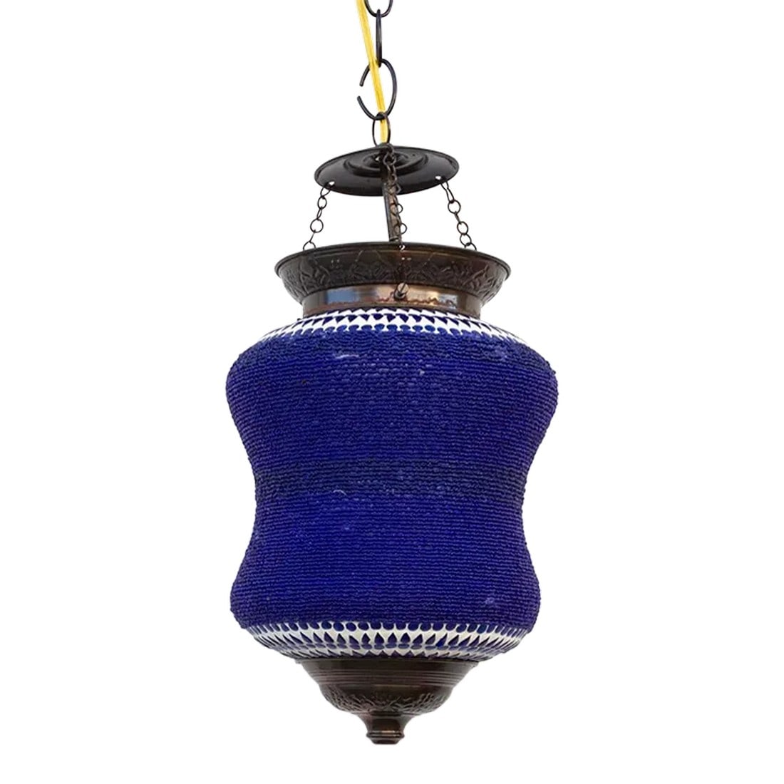 Blue Beaded Pendant Lamp: Lively and colorful, these hand-crafted beaded and mosaic lanterns are made hand-cut pieces of hued glass in a geometric patterns. This lantern is two pieces with a canopy top that is chain-linked to