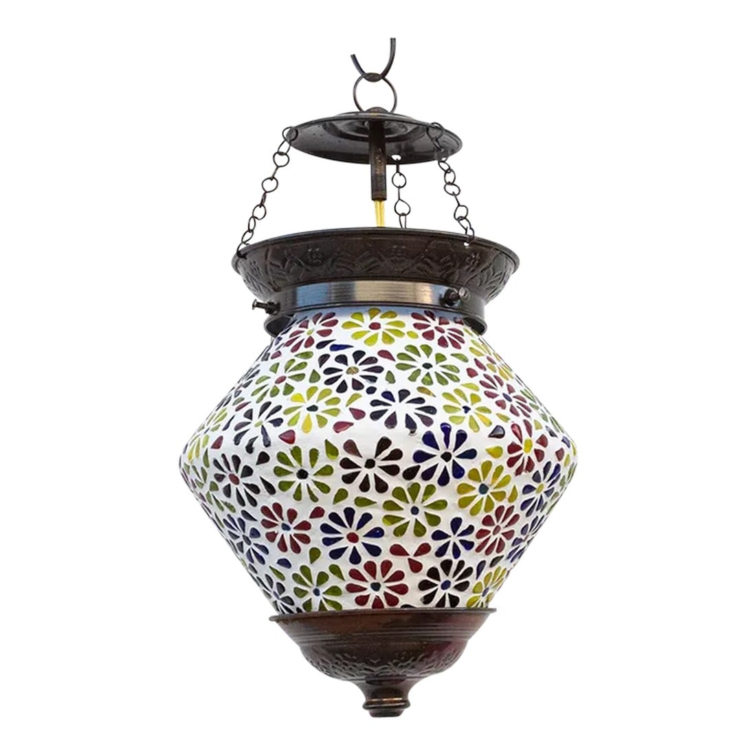 Small Colorful Floral Hanging Lantern: Lively and colorful, these hand-crafted lanterns are made with hand-cut pieces of hued glass in lovely floral patterns. May show minor imperfections, missing mosaics or minor chips. Please Note: Lante