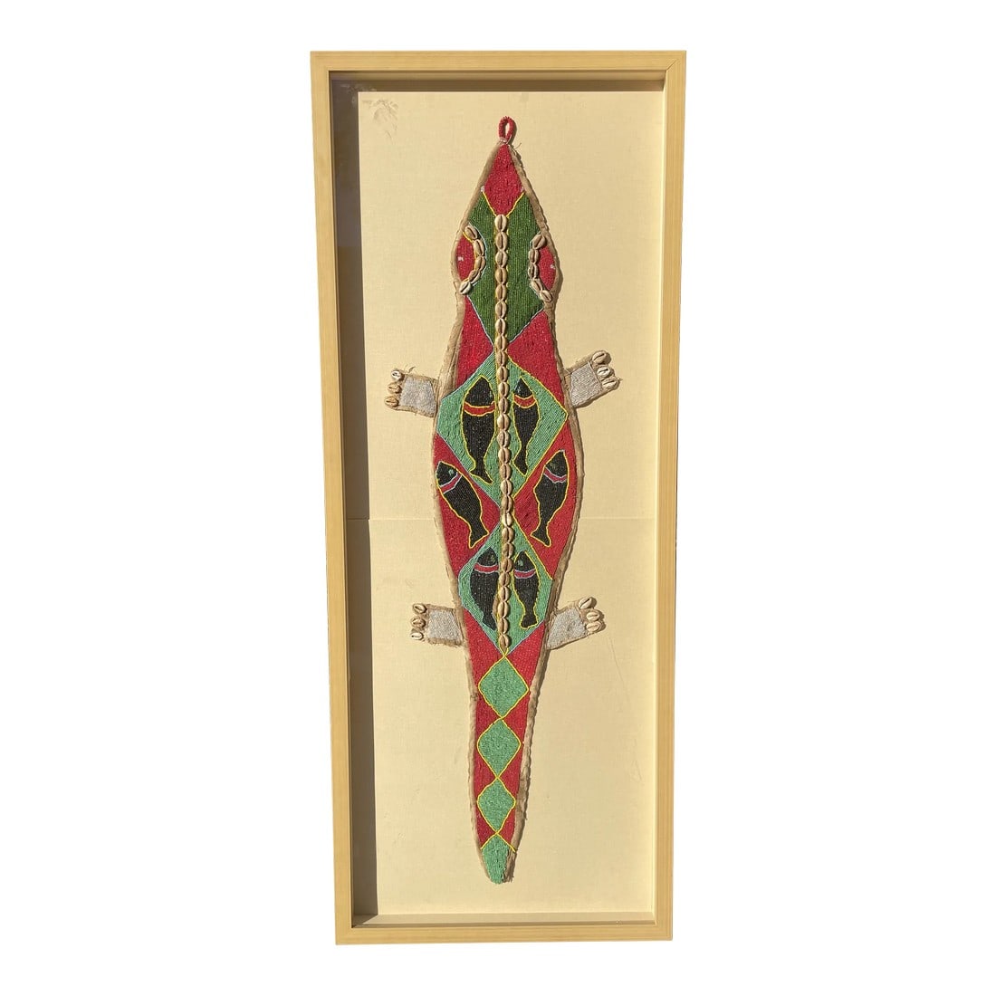 Beaded African Lizard Panel: Hand made of local material, primitive beaded African Lizard panel, c. 1920's. Beautifully mounted and framed. Condition: Alterations: Original Condition Unaltered Imperfections: Some Imperfections