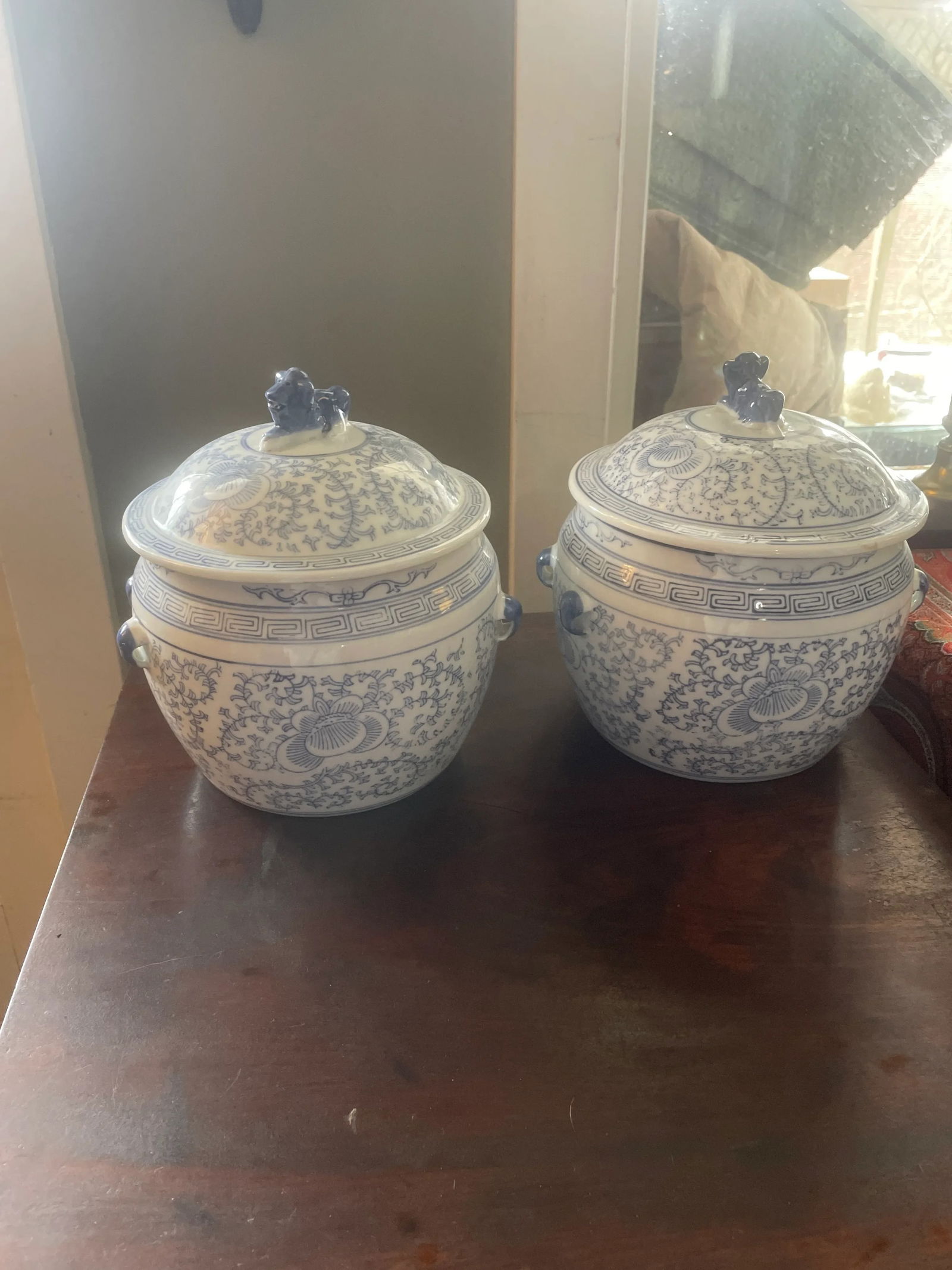Pair of Vintage Chinese Porcelain Covered Pots With Foo Dog Finials Blue and White - 2