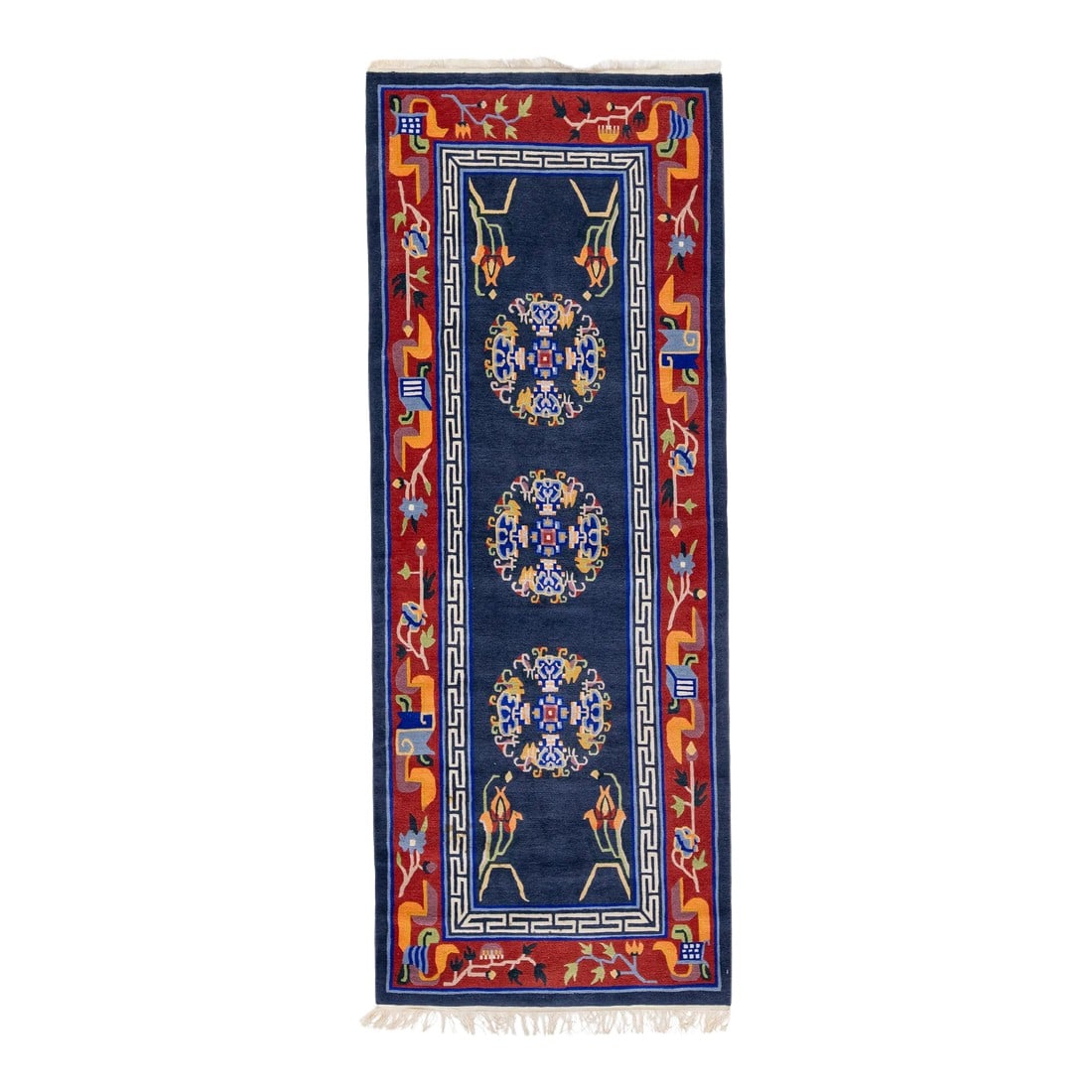 Vintage Art Deco Handmade Blue Chinese Wool Rug With Medallion Motif: Beautiful Chinese art Deco wool rug hand-knotted wool rug with a navy blue field. This Piece has a red frame and multicolor accents in a gorgeous traditional design. This rug measures 3'1" x 8'. 
