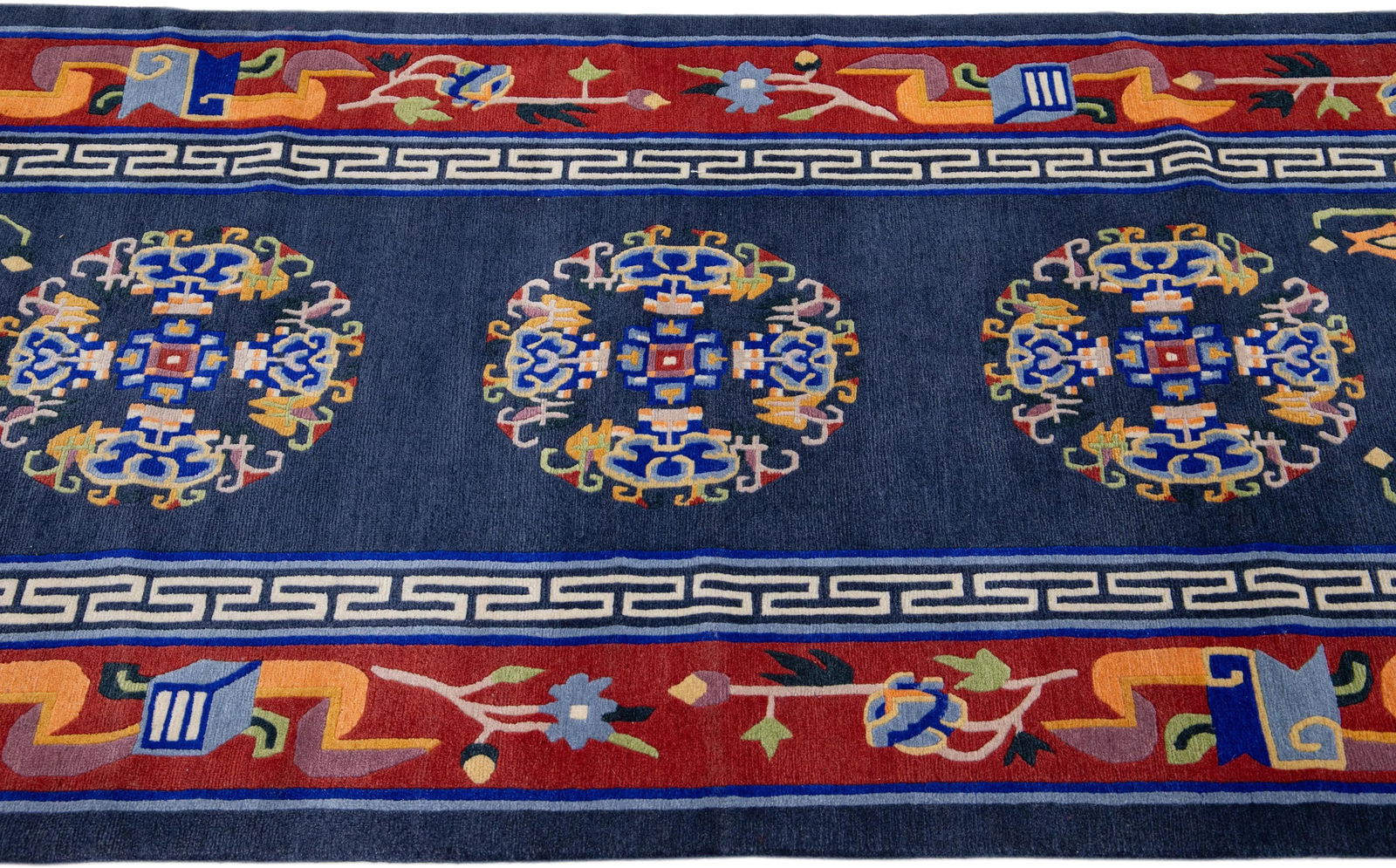 Vintage Art Deco Handmade Blue Chinese Wool Rug With Medallion Motif - 2