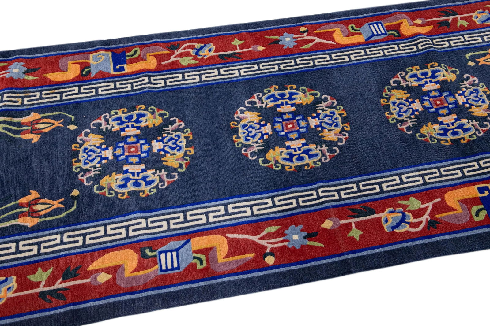 Vintage Art Deco Handmade Blue Chinese Wool Rug With Medallion Motif - 6