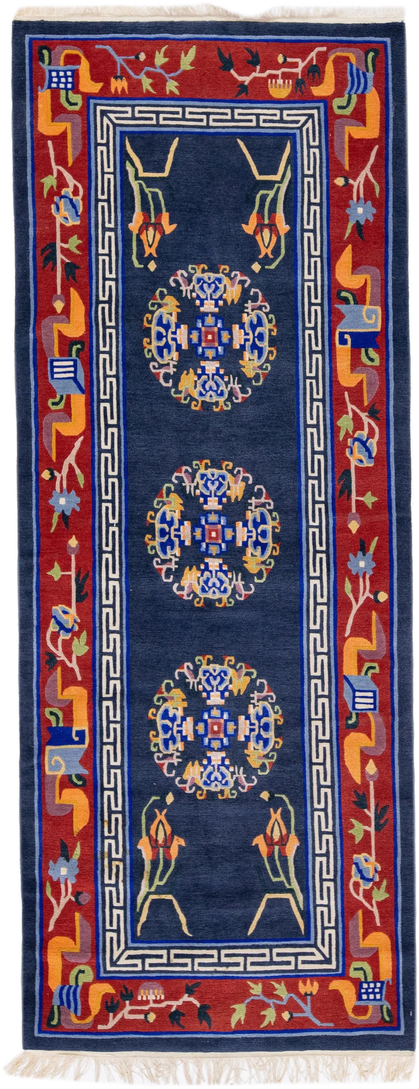 Vintage Art Deco Handmade Blue Chinese Wool Rug With Medallion Motif - 7