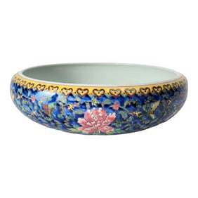 Vintage Jingdezhen Enamel Porcelain Bowl With Butterfly and Peony Motif, Chinese Art Pottery 14"