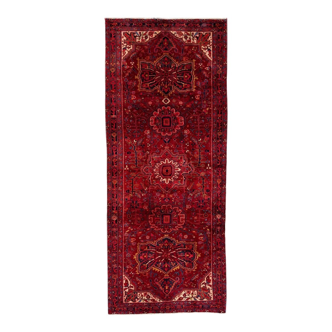 Antique Persian Heriz Red Handmade Wool Runner With Allover Pattern: Beautiful antique Heriz hand-knotted wool rug with a red color field. This Persian rug has multicolor accents in a gorgeous all-over floral pattern. This rug measures: 5'1" x 12'5". Condition: