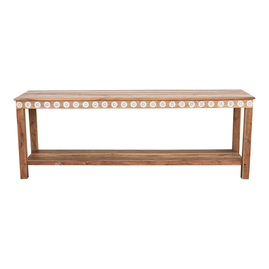 Reclaimed Teak Blossom Inlaid Console: A charming console table with thick square legs and a lower shelf. Made from reclaimed teak, this large reconstructed table has natural reclaimed teak finish with a beautiful inlay work in a floral