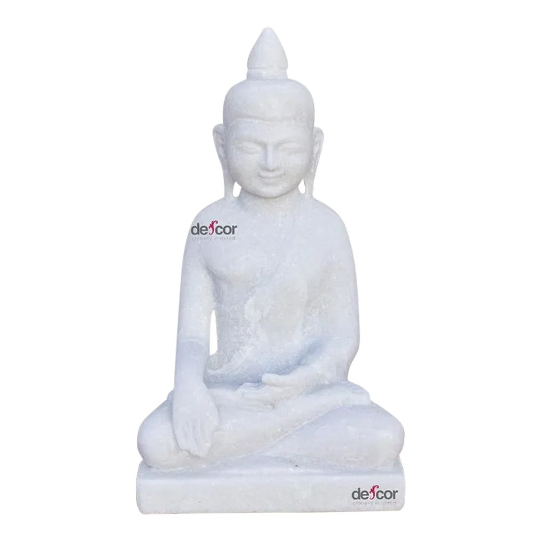 White Marble Burmese Sitting Buddha: Truly of piece of art, this beautiful hand-carved statue of a sitting Buddha in pure white marble has finely carved facial features seated on a raised platform. This modern Burmese Buddha is shown in