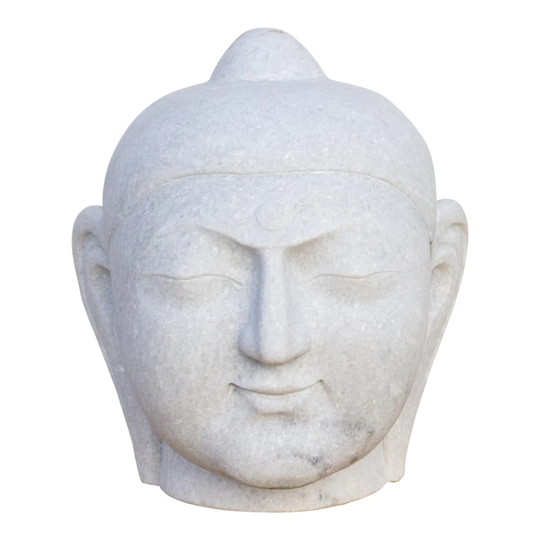 Large Beautifully Carved Marble Buddha Head: This contemporary Buddha is hand-carved from pure white marble and shows beautifully carved facial features. This stunning Buddha head has a peaceful countenance with downcast eyes and linear