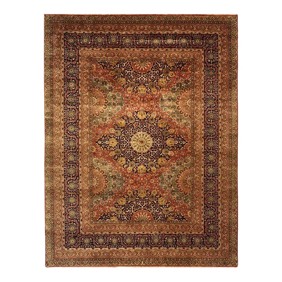 2010s Handwoven Tabriz Style Area Rug 9'0"³ X 11'8"³: ACTUAL SIZE: 9'0"³ x 11'8"³ PRIMARY COLOR: Rose / Navy AGE: New ORIGIN: India MATERIALS: Wool FOUNDATION: Cotton PRODUCTION: Handwoven, Knotted Pile CONDITION: Excellent 