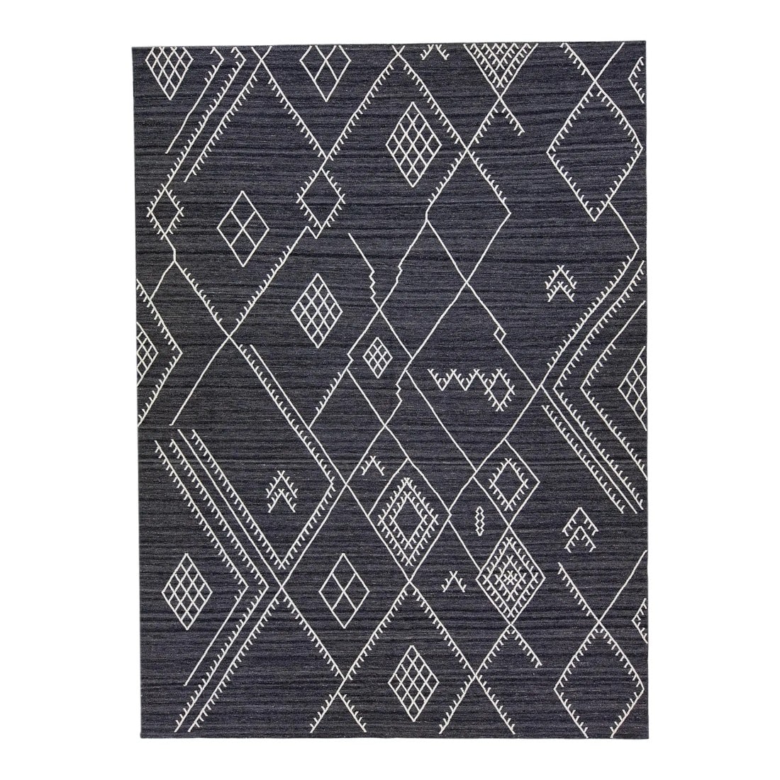 Early 21st Century Modern Kilim Grey Flatweave Wool Rug With Geometric Motif by Apaadana: Beautiful kilim handmade wool rug with a grey-charcoal field. This custom modern flatweave rug of our Nantucket collection has white accents and a gorgeous, all-over geometric coastal design. This