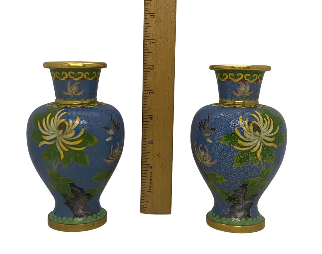 Vintage Mid 20th Century Blue Cloisonné Vases With Floral & Bird Design - a Pair - 10