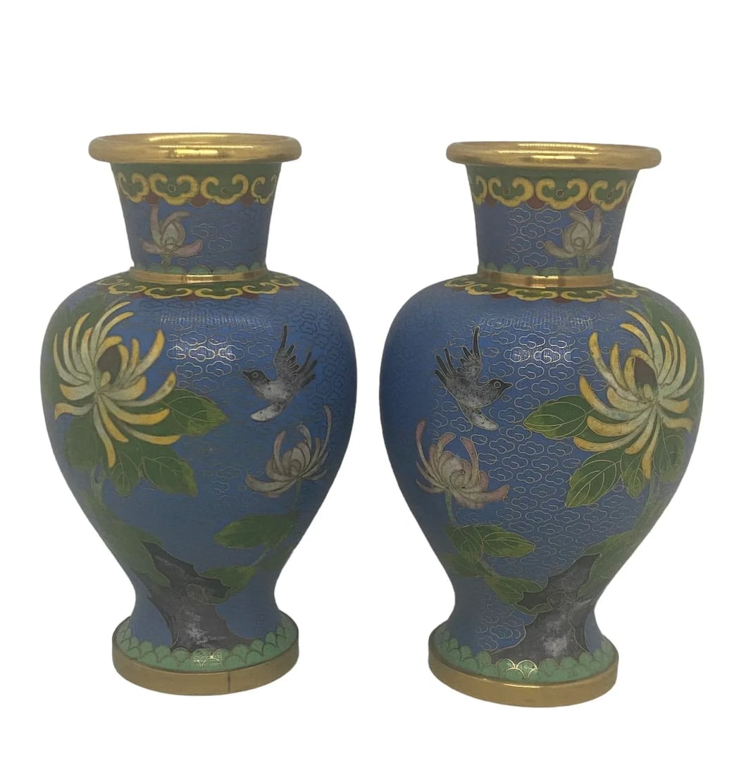 Vintage Mid 20th Century Blue Cloisonné Vases With Floral & Bird Design - a Pair - 13