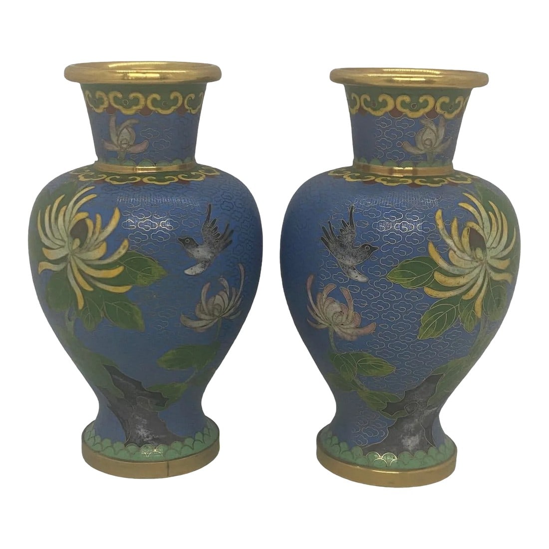 Vintage Mid 20th Century Blue Cloisonné Vases With Floral & Bird Design - a Pair (1 of 13)