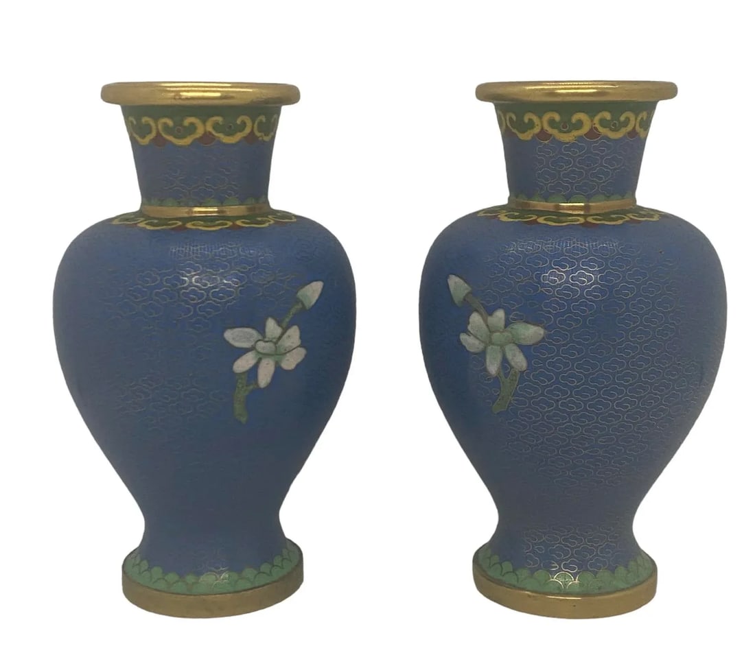 Vintage Mid 20th Century Blue Cloisonné Vases With Floral & Bird Design - a Pair - 3