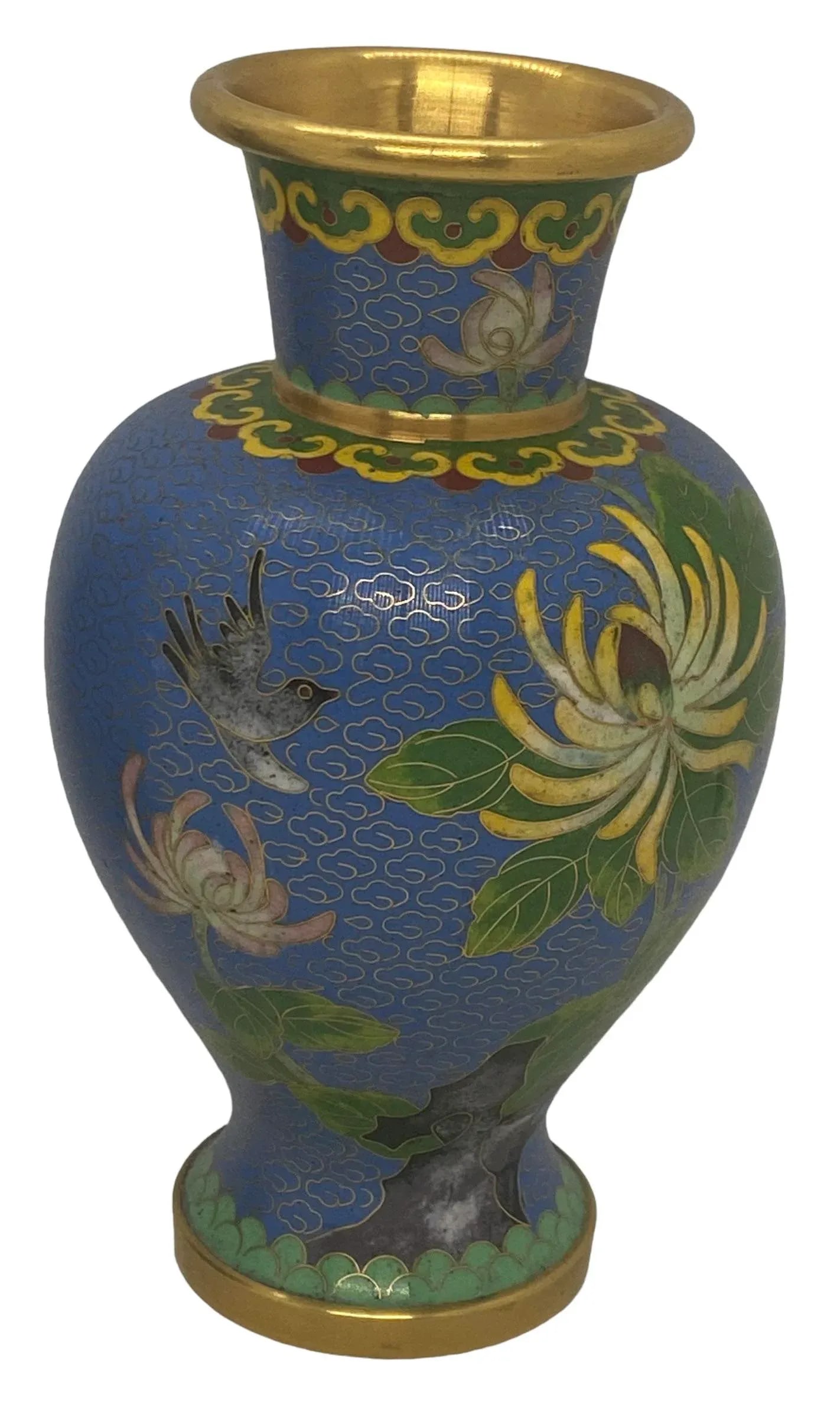 Vintage Mid 20th Century Blue Cloisonné Vases With Floral & Bird Design - a Pair - 5