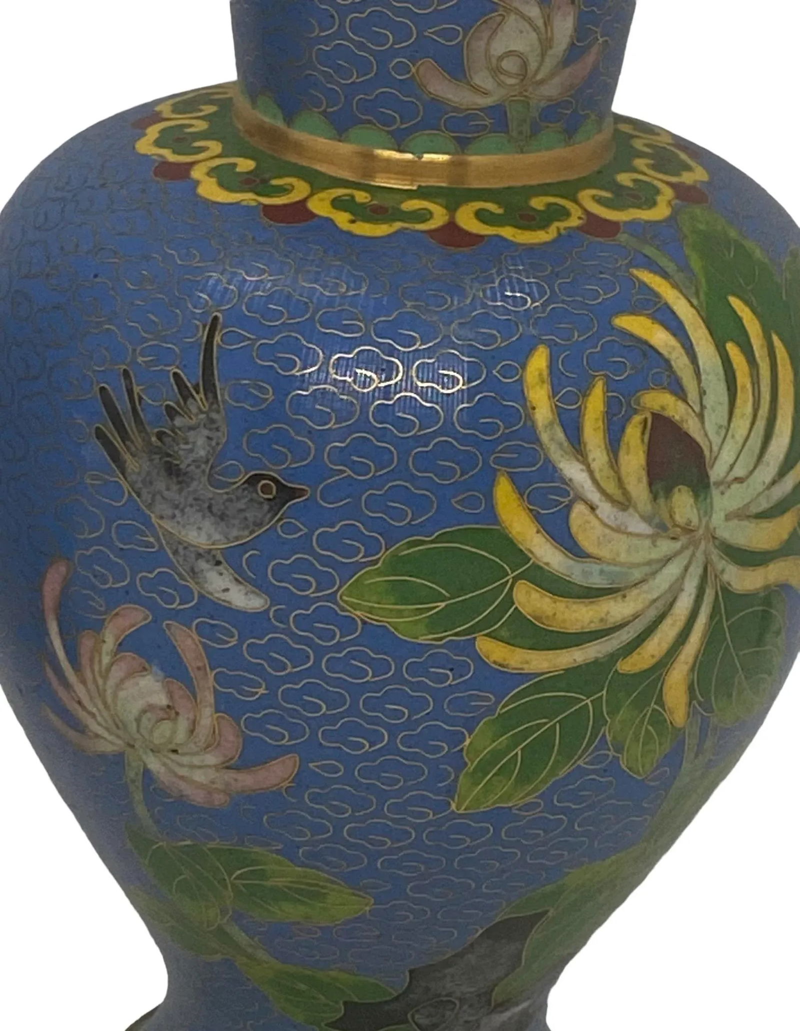 Vintage Mid 20th Century Blue Cloisonné Vases With Floral & Bird Design - a Pair - 6