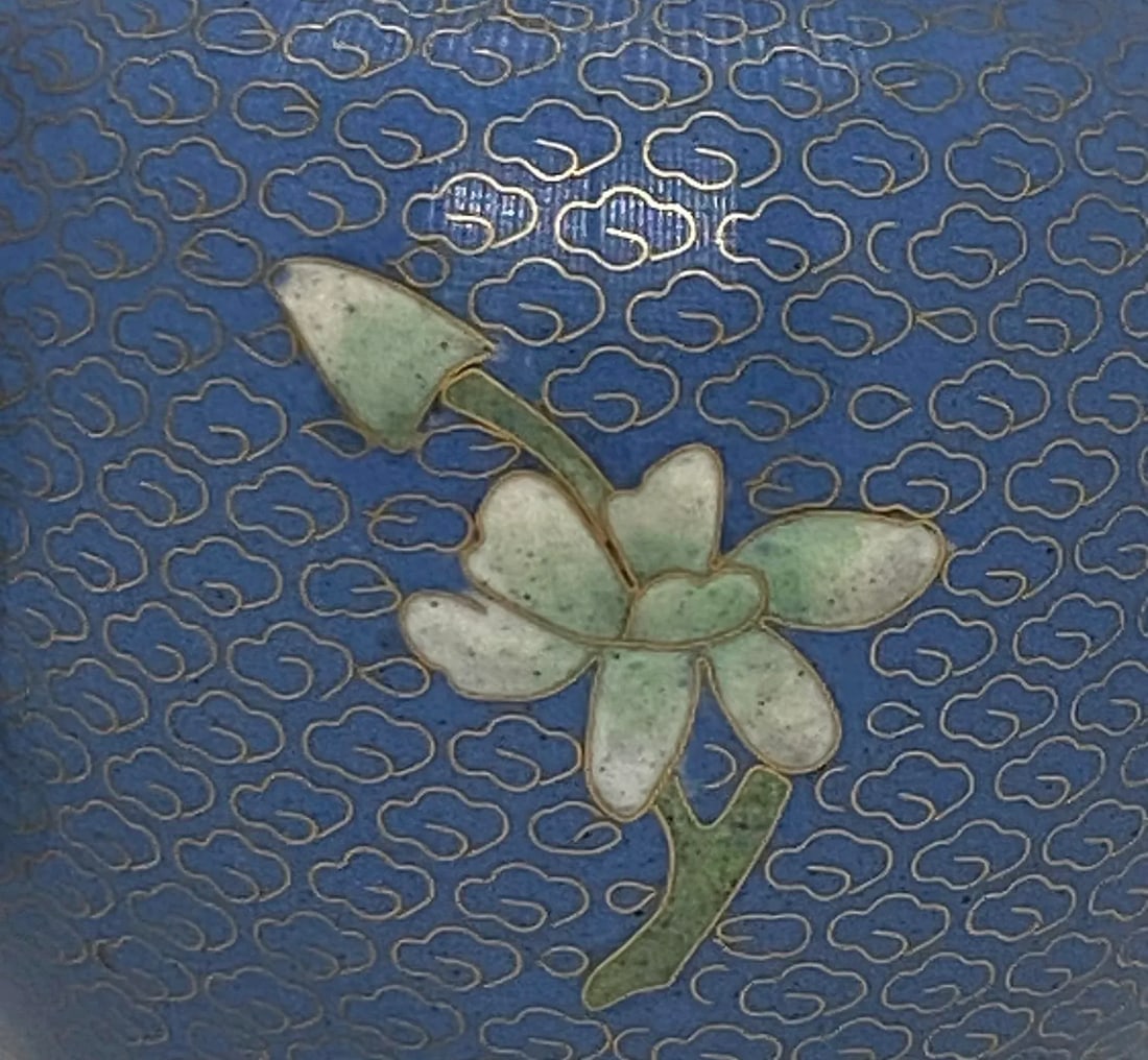 Vintage Mid 20th Century Blue Cloisonné Vases With Floral & Bird Design - a Pair - 7