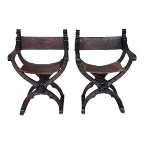 19th Century Pair of Carved Walnut Folding Scissors Savonarola Bench or Settle