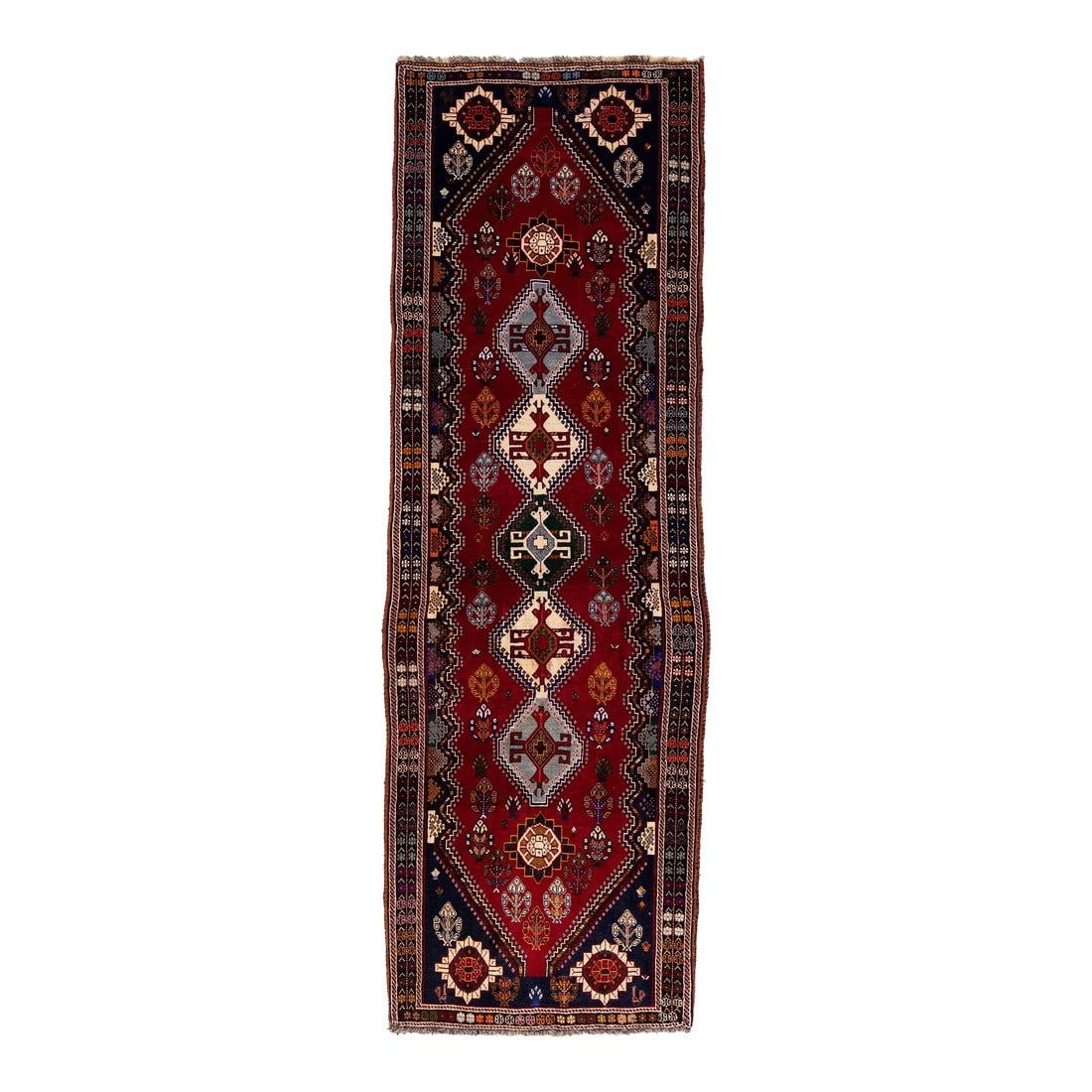 1960s Vintage Persian Shiraz Handmade Red Tribal Wool Runner: Beautiful vintage Persian Shiraz hand-knotted wool rug with a navy blue color field. This piece has a beige frame and multicolor accents in an all-over geometric medallion design. This rug