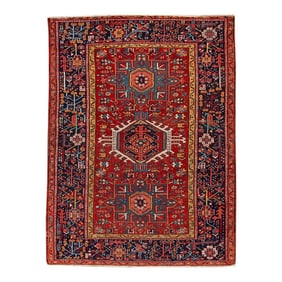 1960s Vintage Persian Heriz Handmade Red Medallion Wool Rug