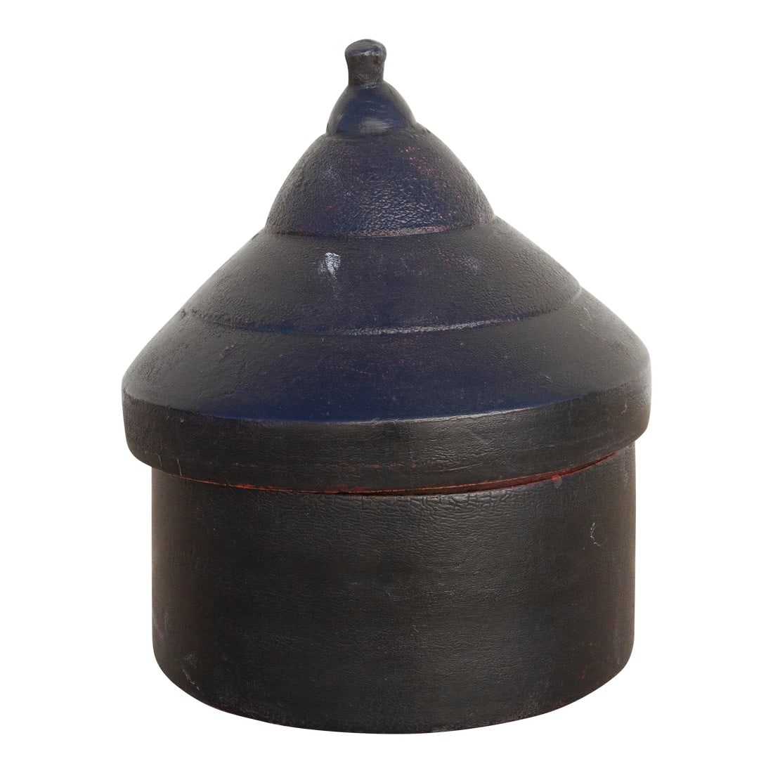 Khimsar Aged Black Ceremonial Box: Found in the North west desert of India, this original ceremonial Tikka box has a lovely distressed black painted finish. Tikka is a dot worn during ceremonies or celebrations usually on the forehead,