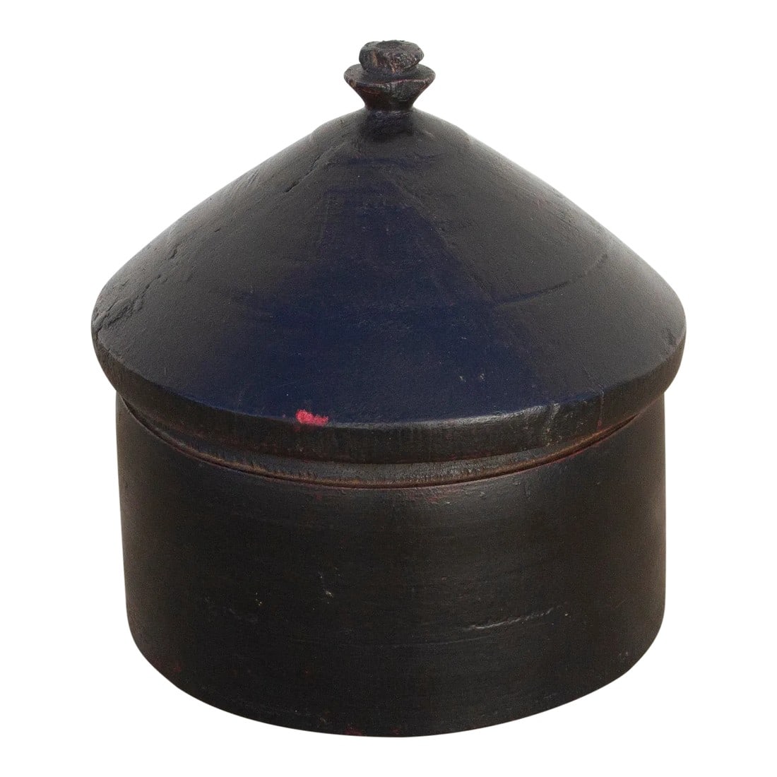 Jalor Ebonized Black Tika Box: Found in the North west desert of India, this original ceremonial Tikka box has a lovely distressed black painted finish. Tikka is a dot worn during ceremonies or celebrations usually on the
