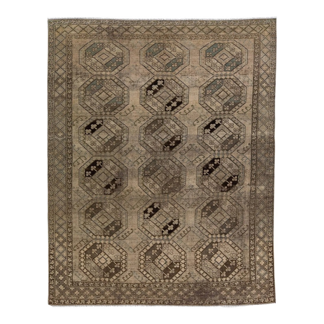 1930s Antique Handmade Persian Turkmen Wool Rug With Geometric Motif in Light Brown: Beautiful antique Turkmen hand-knotted wool rug with a light brown color field. This Persian piece has a gorgeous Gul pattern design in green and blue. This rug measures: 7'3" x 9'4". Condition: