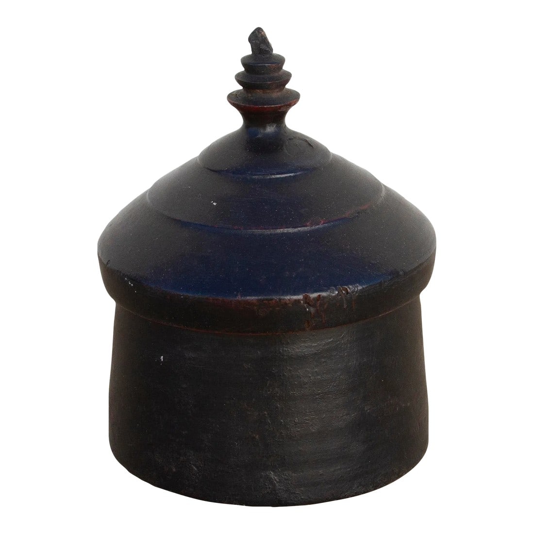 Karauli Indian Ceremonial Box: Found in the North west desert of India, this original ceremonial Tikka box has a lovely distressed black painted finish. Tikka is a dot worn during ceremonies or celebrations usually on the