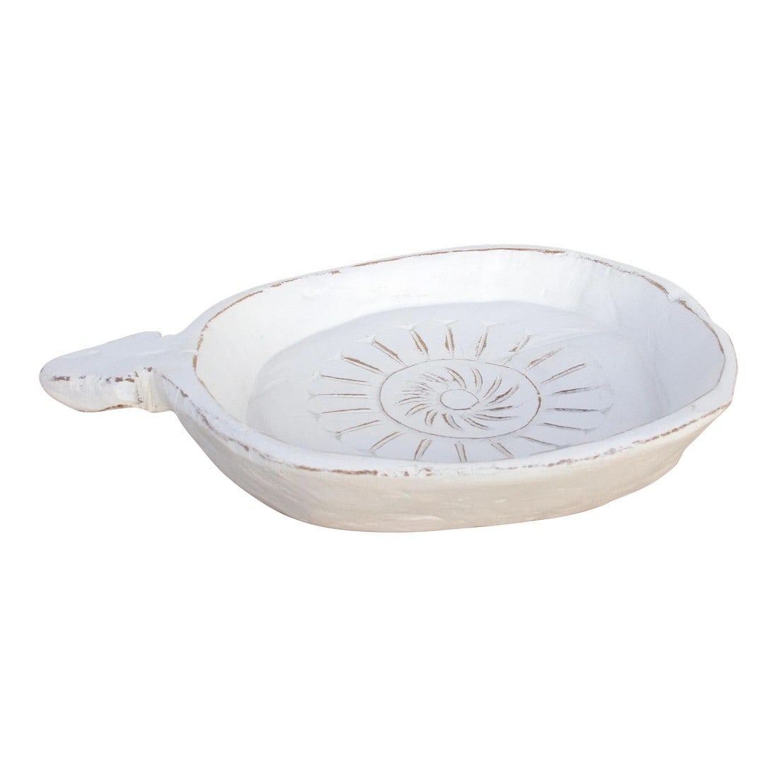 Abhir White Floral Food Bowl: Originally found in the villages around Hindu Kush mountain. This wooden bowl was originally a kitchen artifact used for kneading dough. This old Swati bowl is chunky, primitive and carved out from a